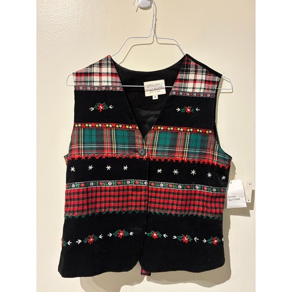 Susan Bristol Jackets & Blazers - NWT Susan Bristol Vintage Christmas Plaid Corduroy Embroidered Vest Petite